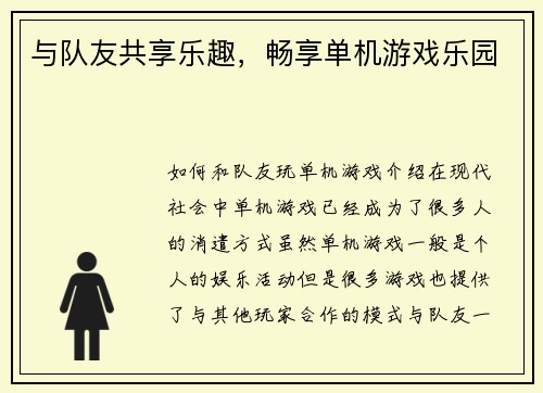 与队友共享乐趣，畅享单机游戏乐园